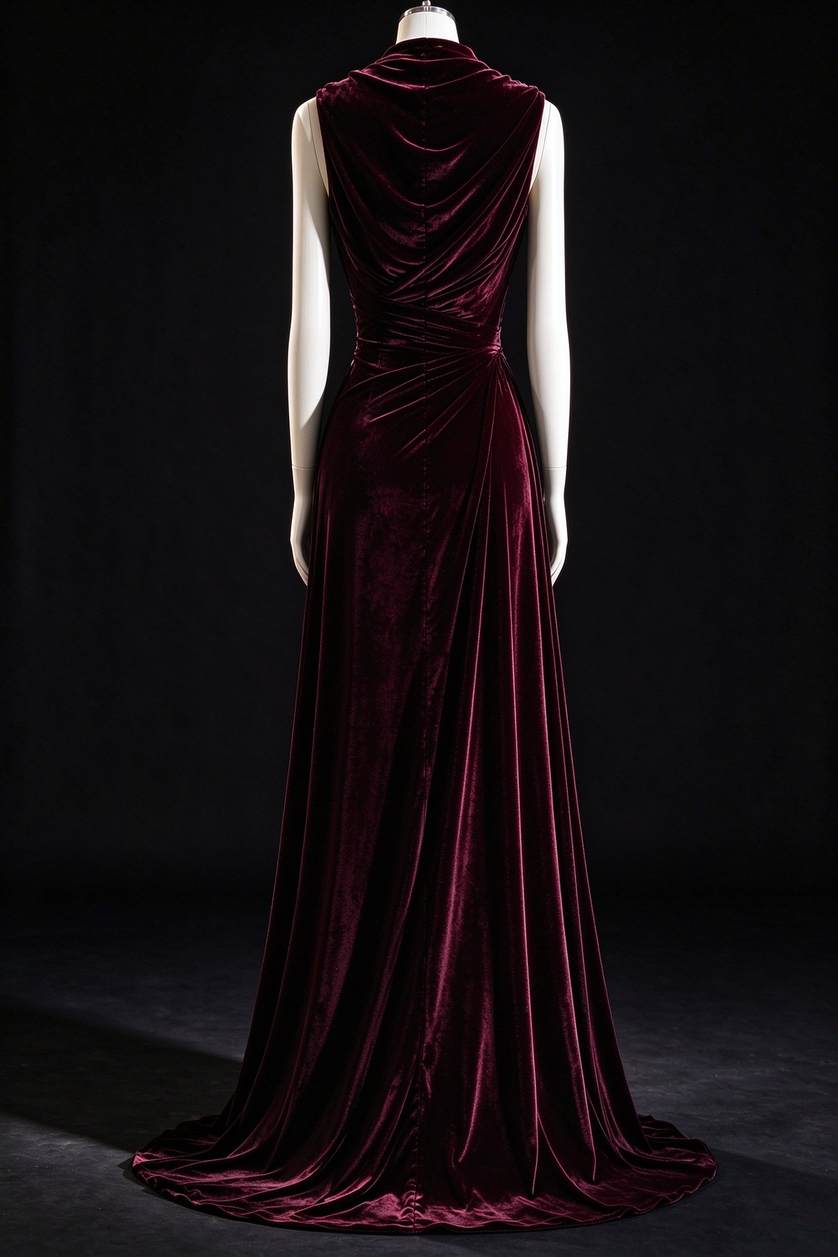 Burgundy Velvet Mermaid Evening Gown, Sleeveless Cowl Neck, Ruched Waist With Sweep Train,fg9003