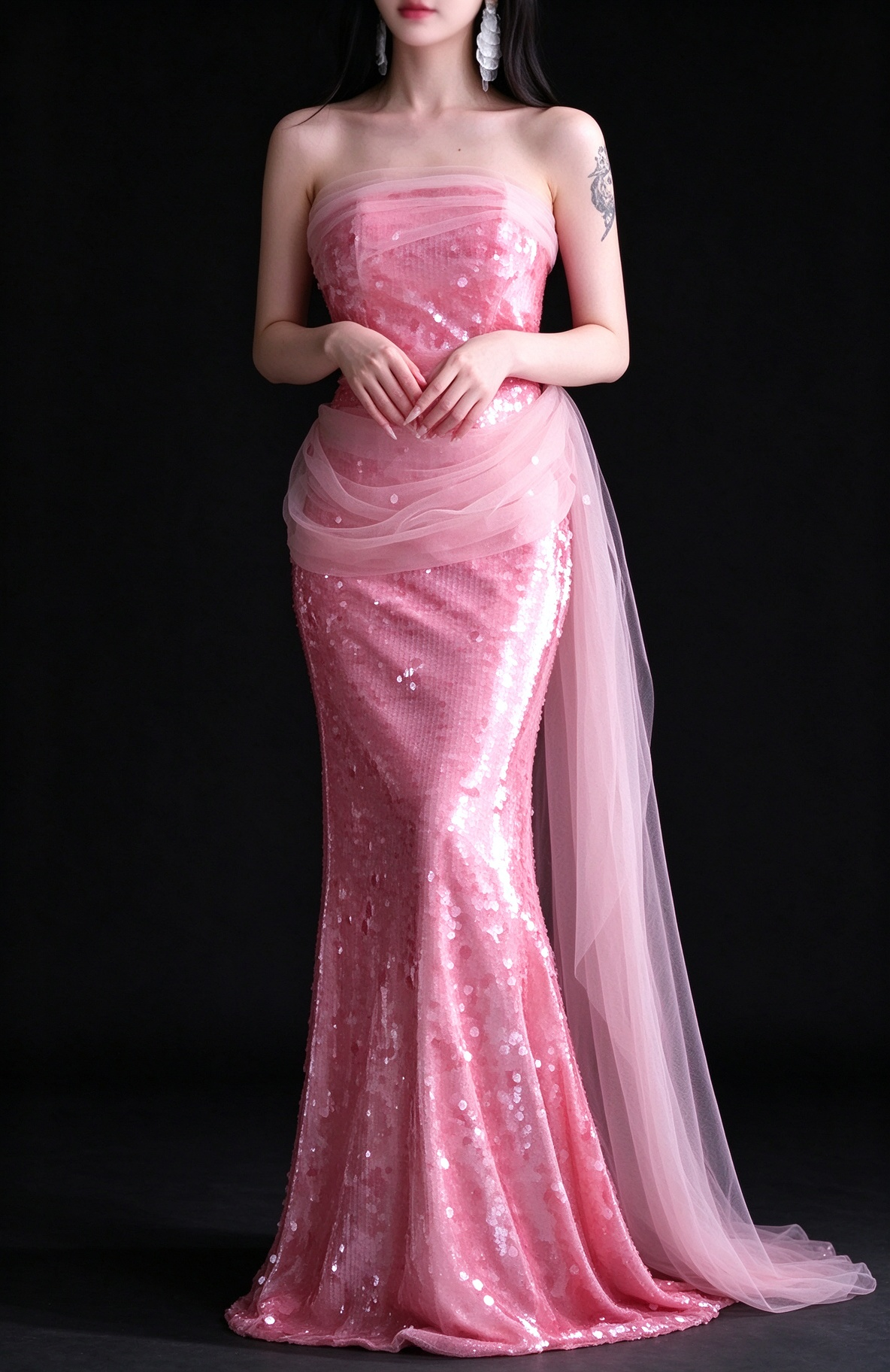 Pink Strapless Sequin Mermaid Evening Dress With Tulle Sash fg9109