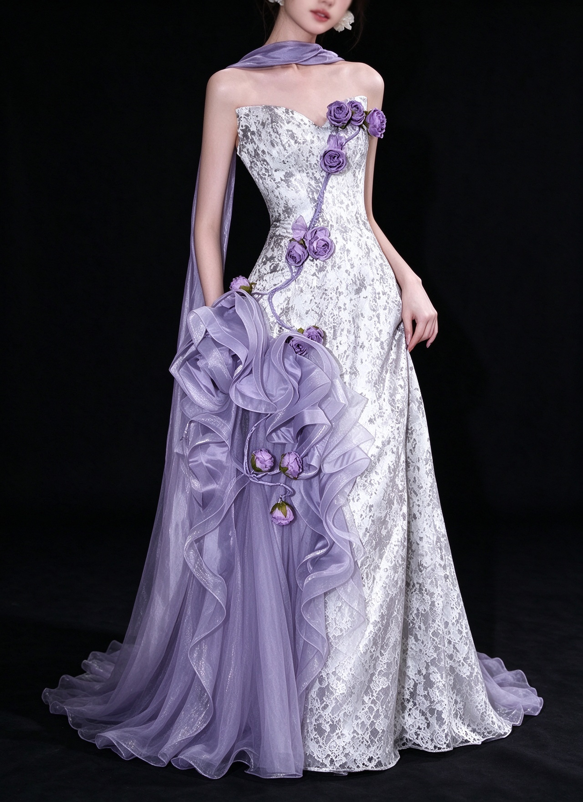 Lavender Strapless 3D Floral Ruffle Tulle Evening Dress fg9160