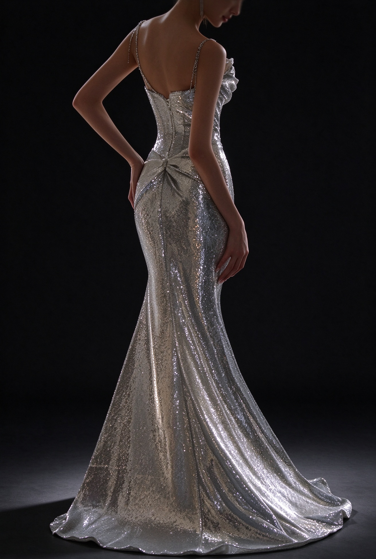 Silver Cowl Neck Spaghetti Strap Sequin Mermaid Evening Dress fg9110