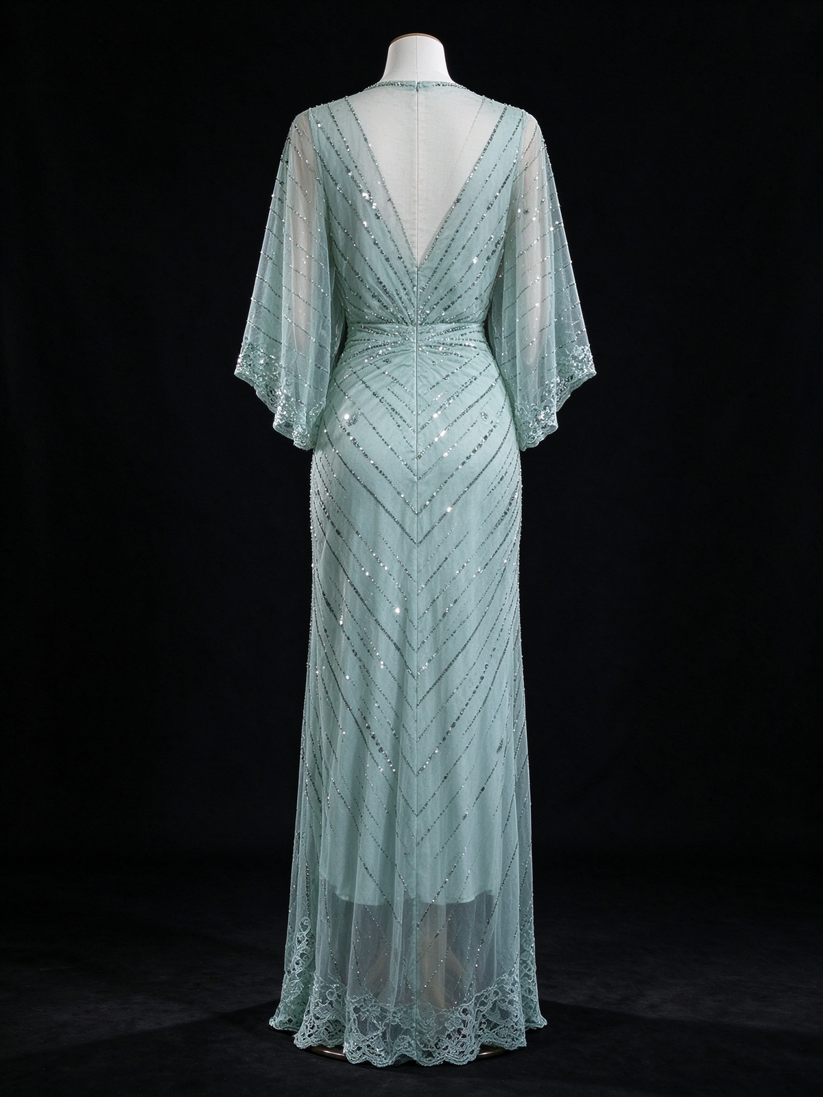 Mint V Neck Beaded Flutter Sleeve Slit Evening Gown fg9088