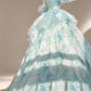 Aqua Strapless Detachable Puff Sleeve Printed Organza A Line Evening Gown fg9080
