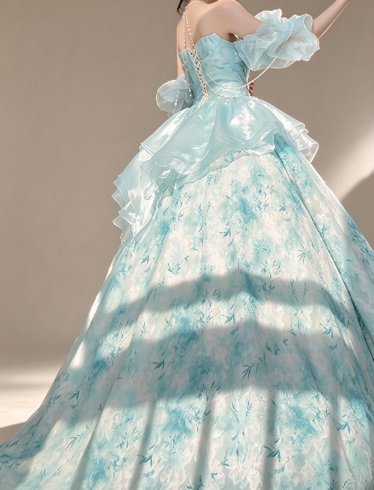 Aqua Strapless Detachable Puff Sleeve Printed Organza A Line Evening Gown fg9080