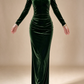 Green Stand Collar Long Sleeve Velvet Mermaid Evening Dress fg9090