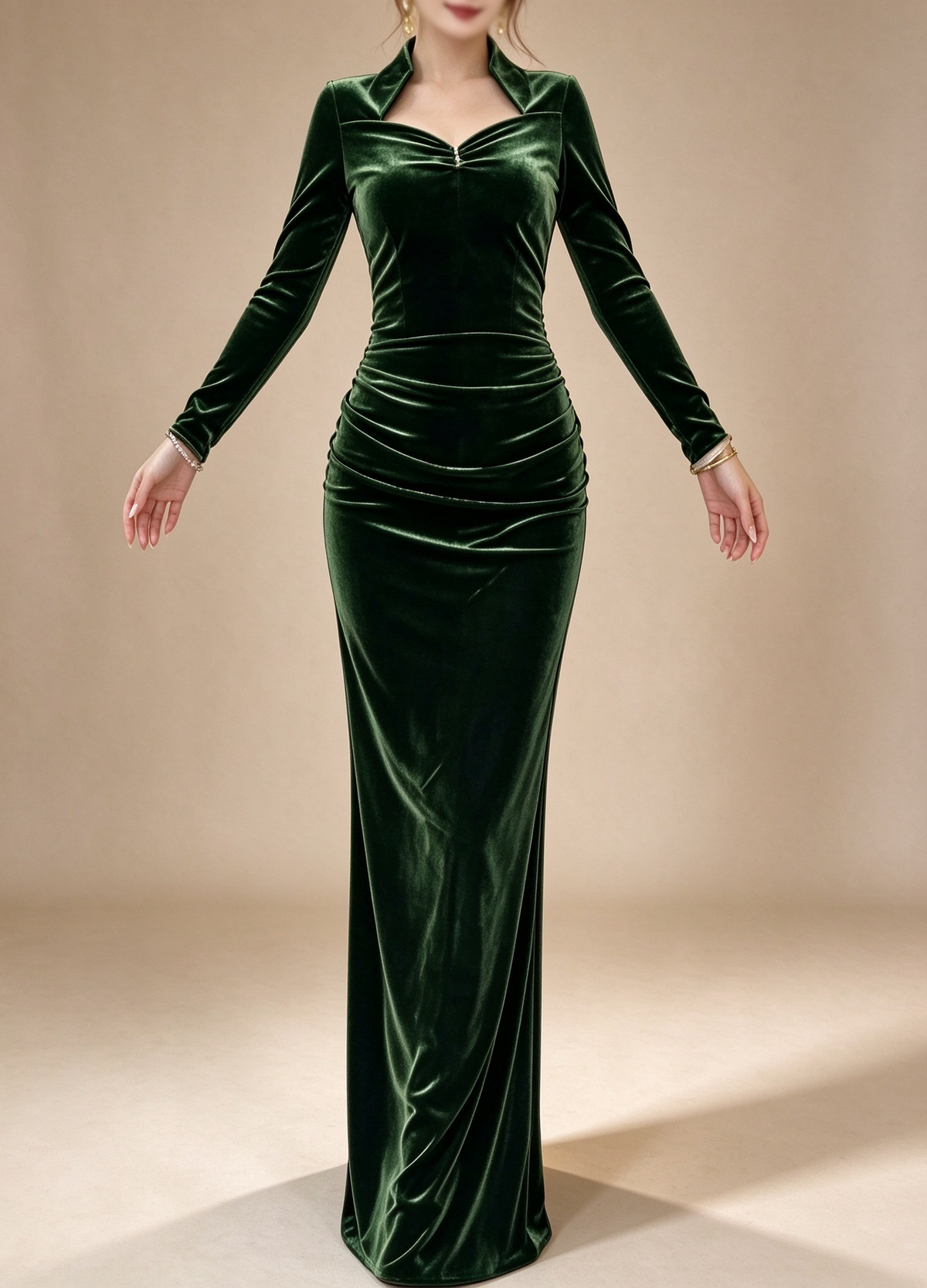 Green Stand Collar Long Sleeve Velvet Mermaid Evening Dress fg9090