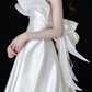 White Strapless Ruffle Pearl Bow Satin Wedding Dress fg9114