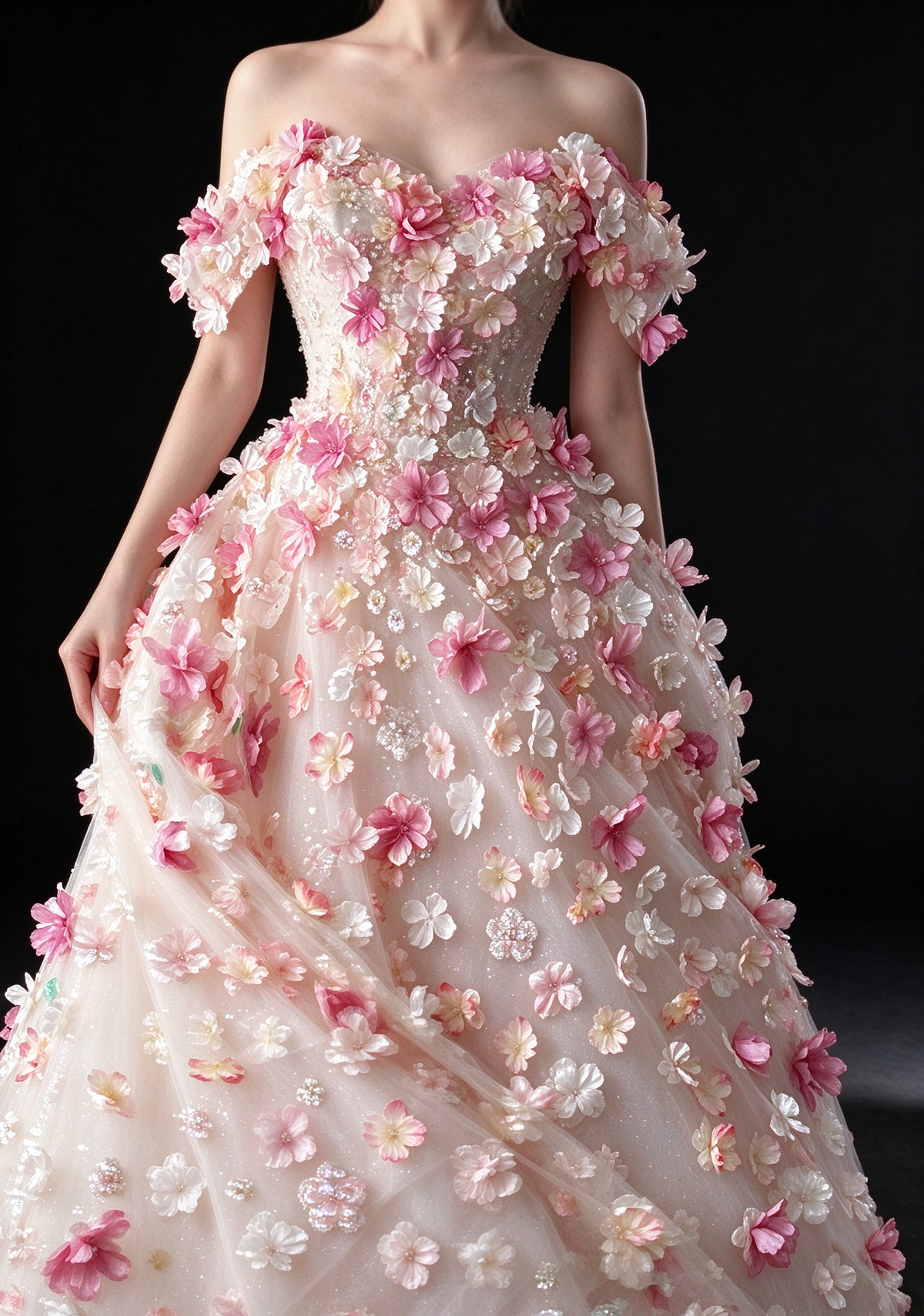 Pink Off Shoulder 3D Floral Glitter Tulle A Line Evening Dress fg9163