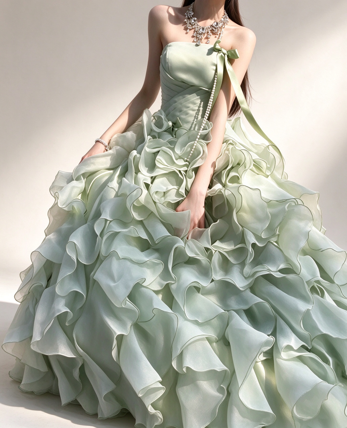 Light Green Strapless Ruffled Organza A Line Evening Gown fg9079