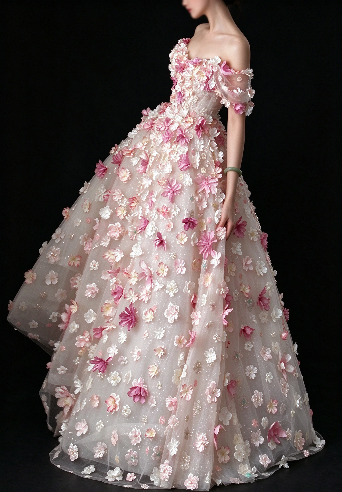 Pink Off Shoulder 3D Floral Glitter Tulle A Line Evening Dress fg9163