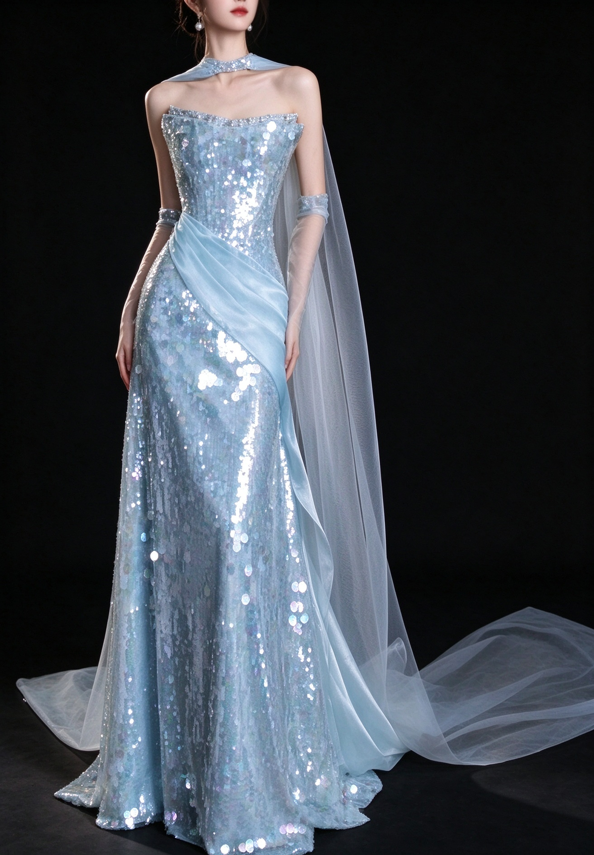 Light Blue Strapless Sequin Mermaid Evening Dress With Cape fg9164