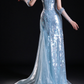 Light Blue Strapless Sequin Mermaid Evening Dress With Cape fg9164