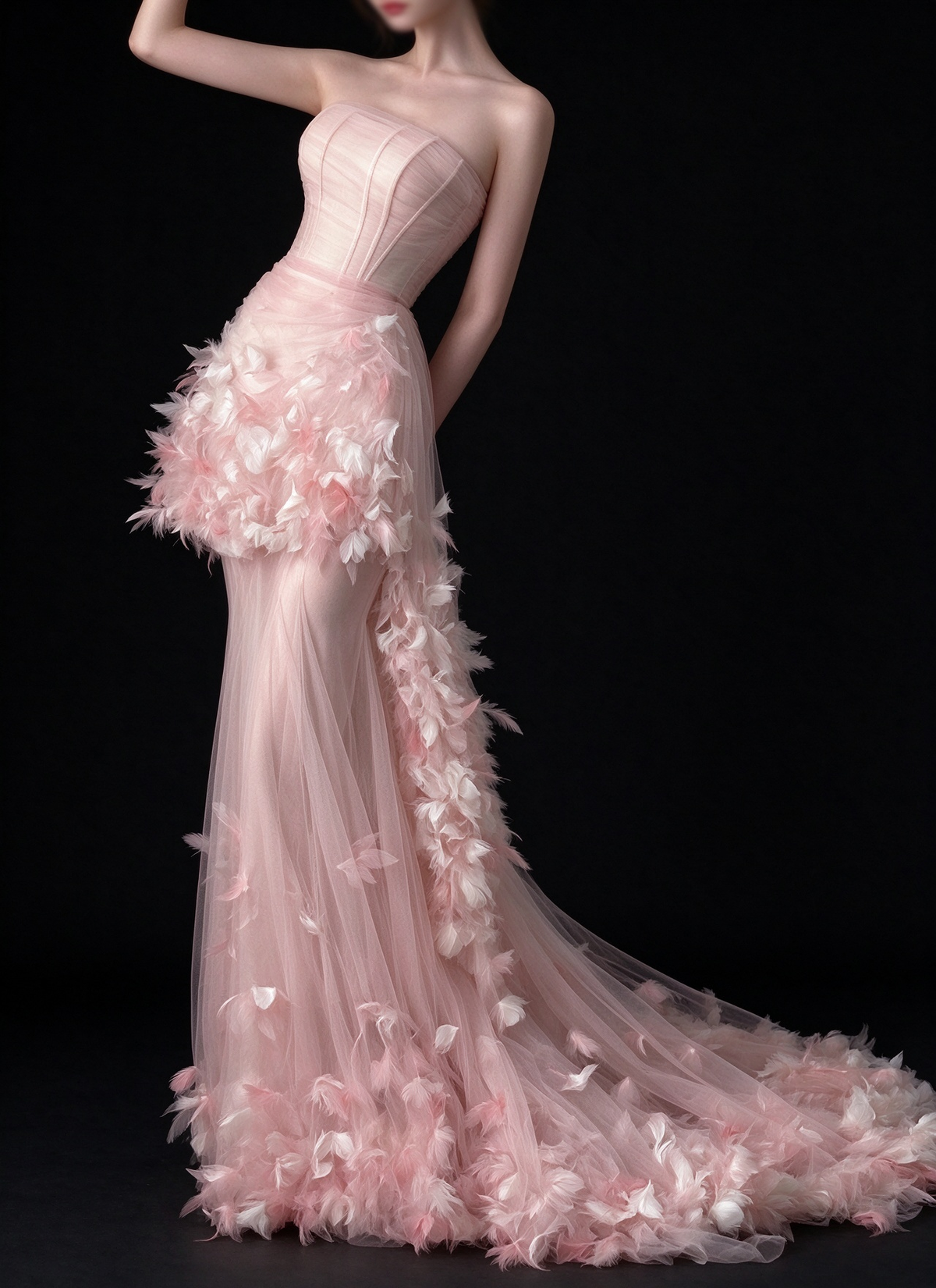 Pink Strapless Feather Tulle Mermaid Evening Dress fg9166