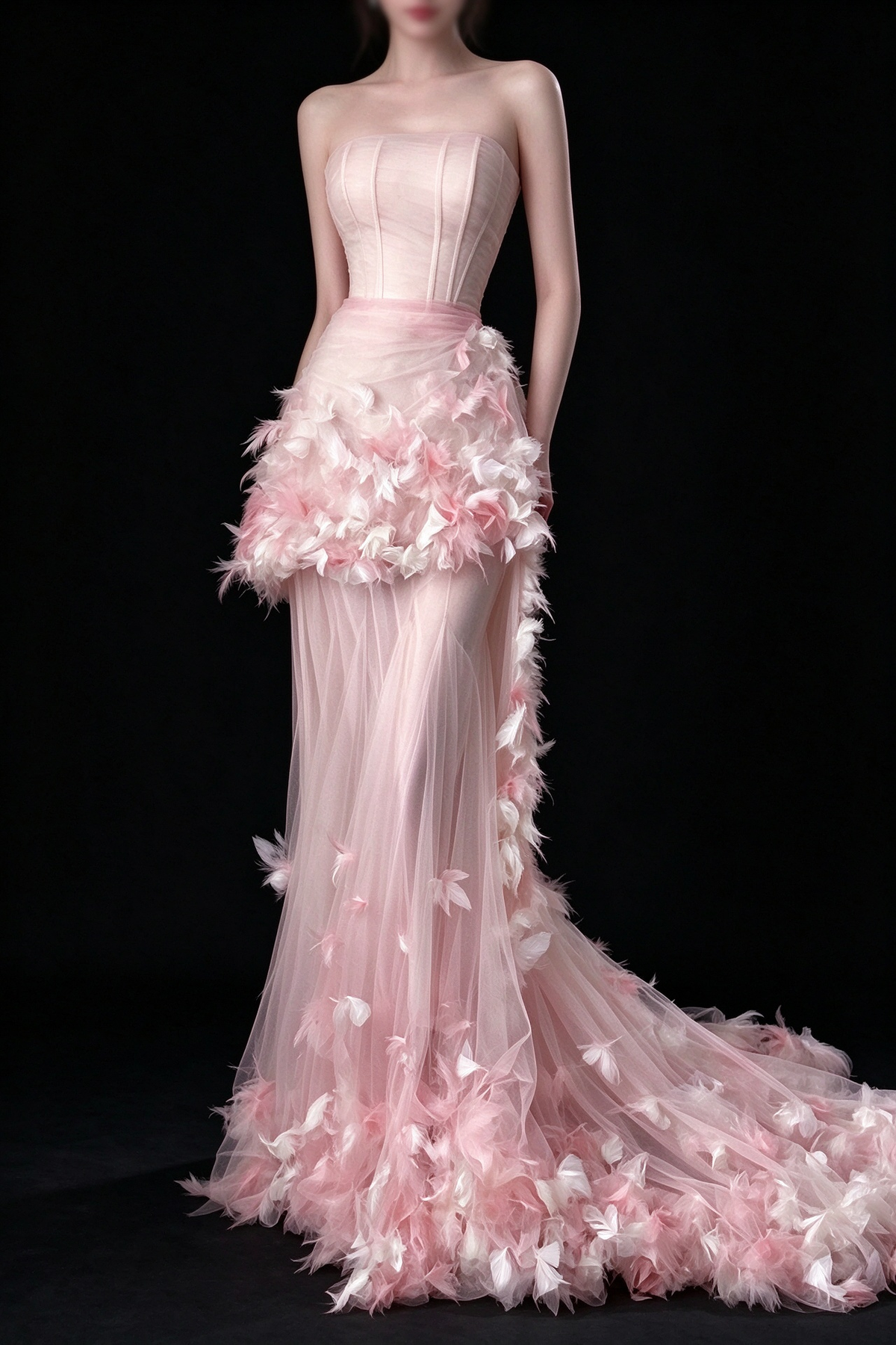 Pink Strapless Feather Tulle Mermaid Evening Dress fg9166