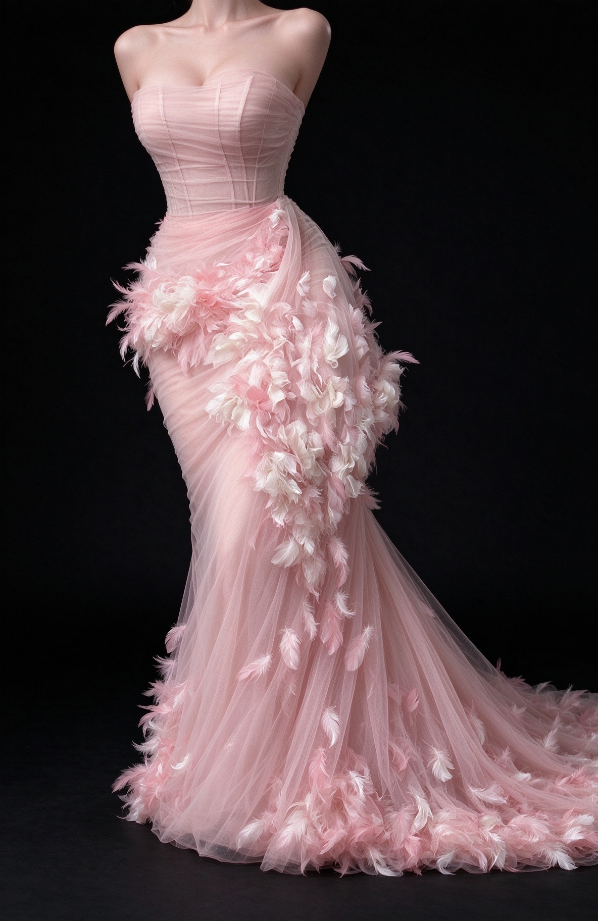 Pink Strapless Feather Tulle Mermaid Evening Dress fg9166