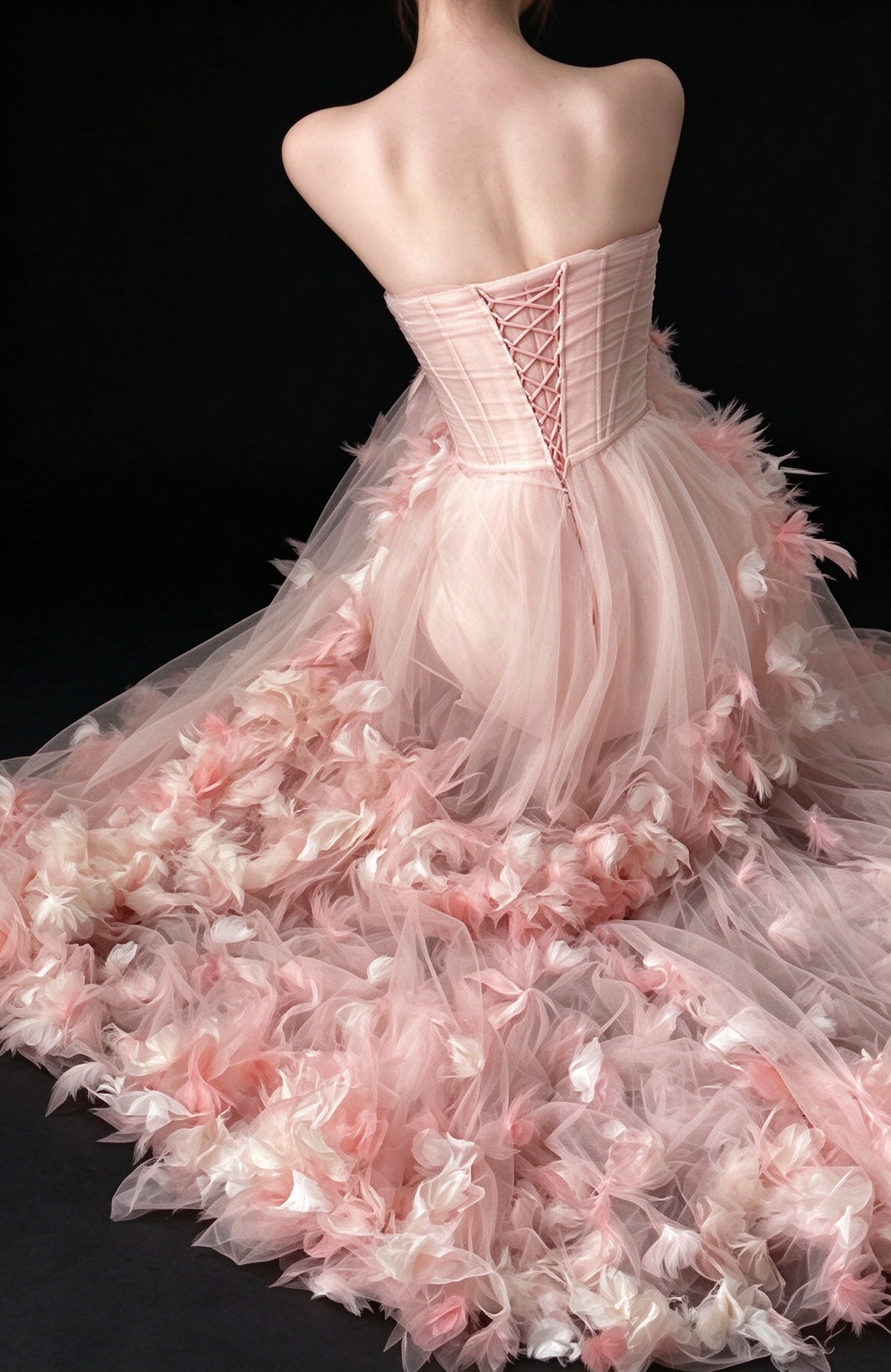 Pink Strapless Feather Tulle Mermaid Evening Dress fg9166