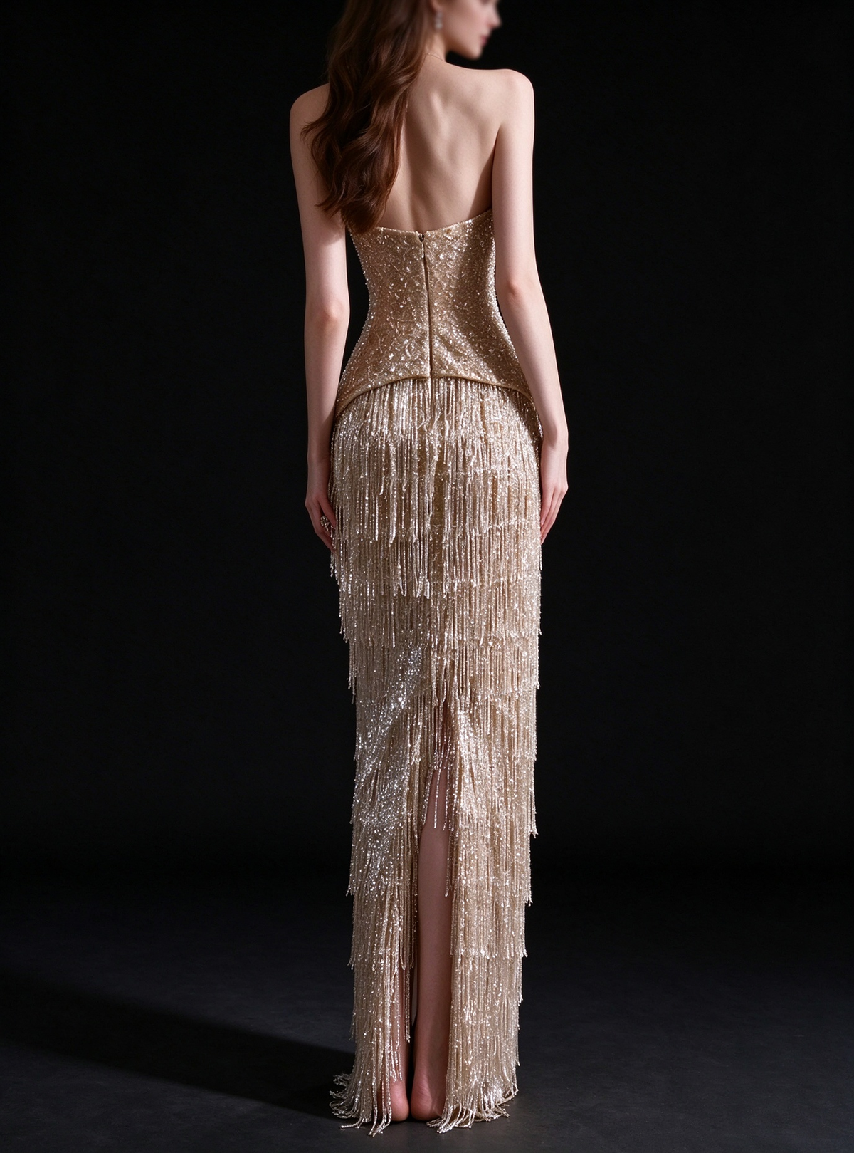 Champagne Strapless Beaded Fringe Mermaid Evening Gown fg9102