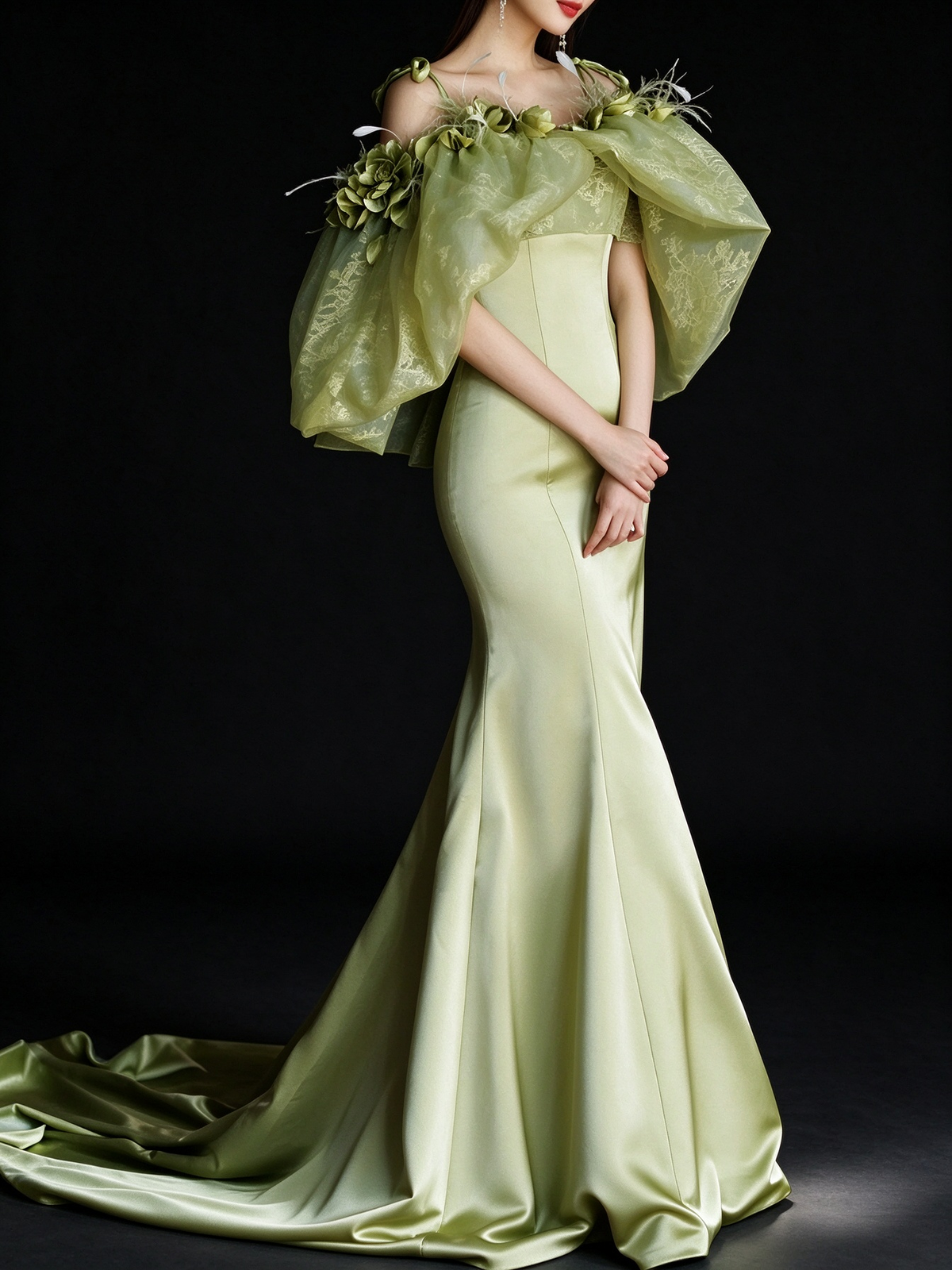 Green Off Shoulder Floral Satin Mermaid Evening Gown fg9081