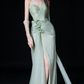 Sage Green Strapless Floral Chiffon Slit Mermaid Evening Dress fg9168