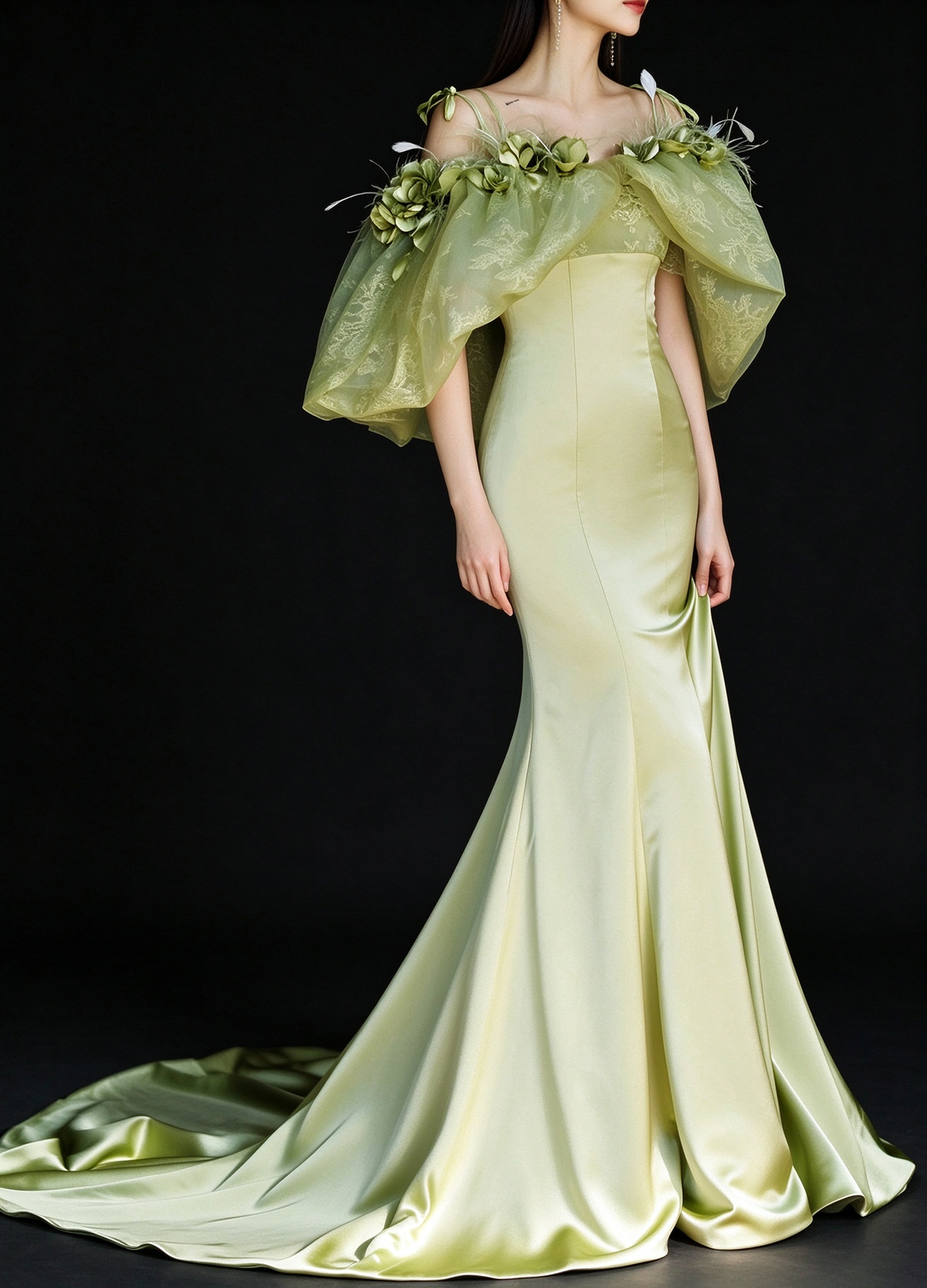 Green Off Shoulder Floral Satin Mermaid Evening Gown fg9081
