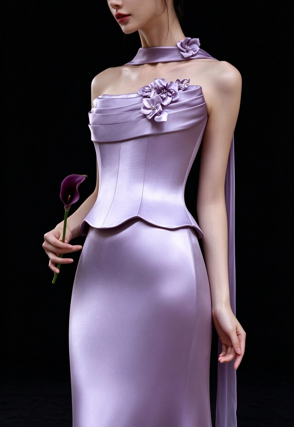Lavender Strapless 3D Floral Satin Mermaid Evening Dress fg9170