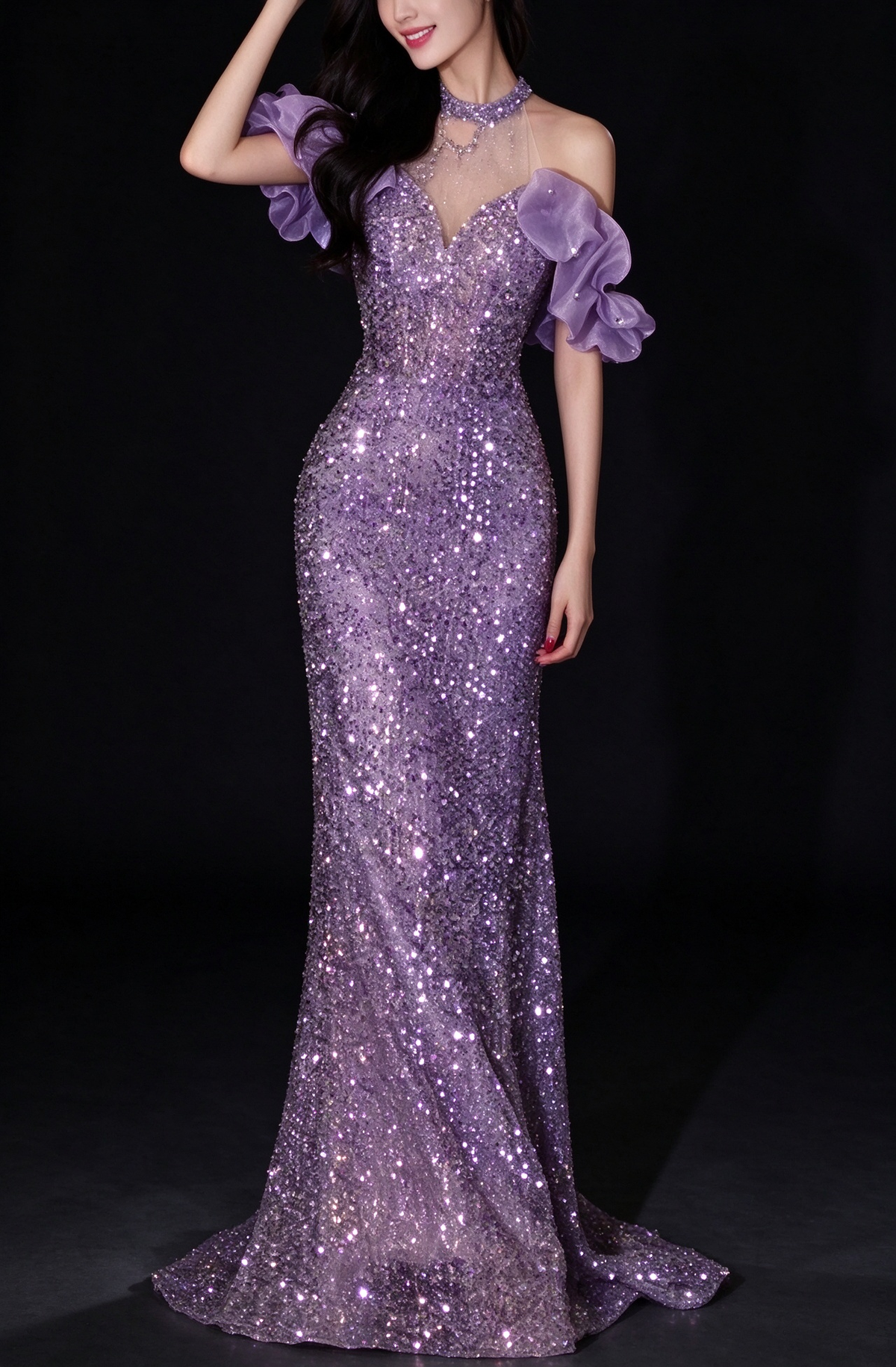 Purple Halter Ruffle Sleeve Sparkle Mermaid Evening Gown fg9173