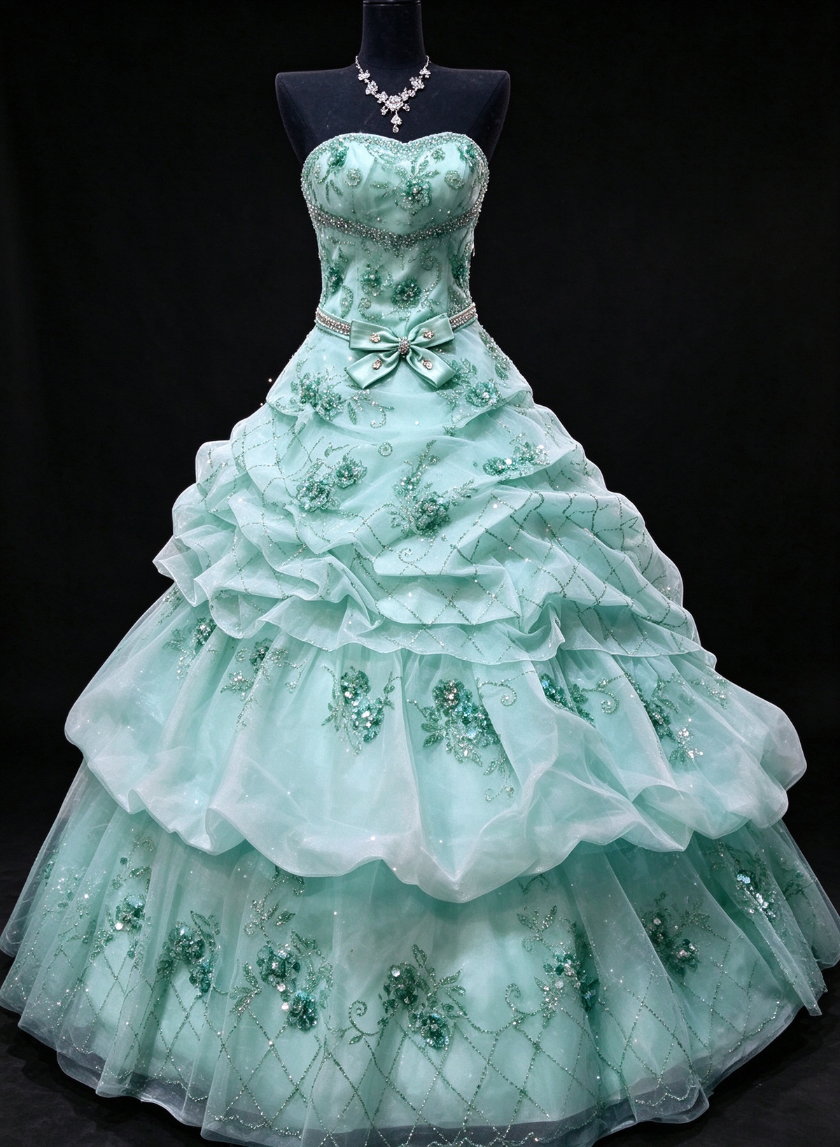 Strapless Beaded Bow Tiered Mint Green Ball Gown, Formal Evening Dress fg8918