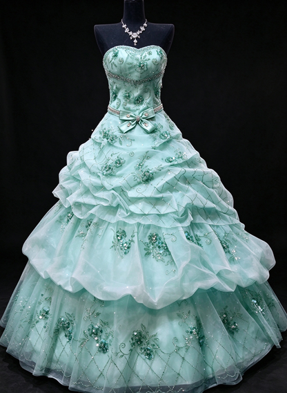 Strapless Beaded Bow Tiered Mint Green Ball Gown, Formal Evening Dress fg8918