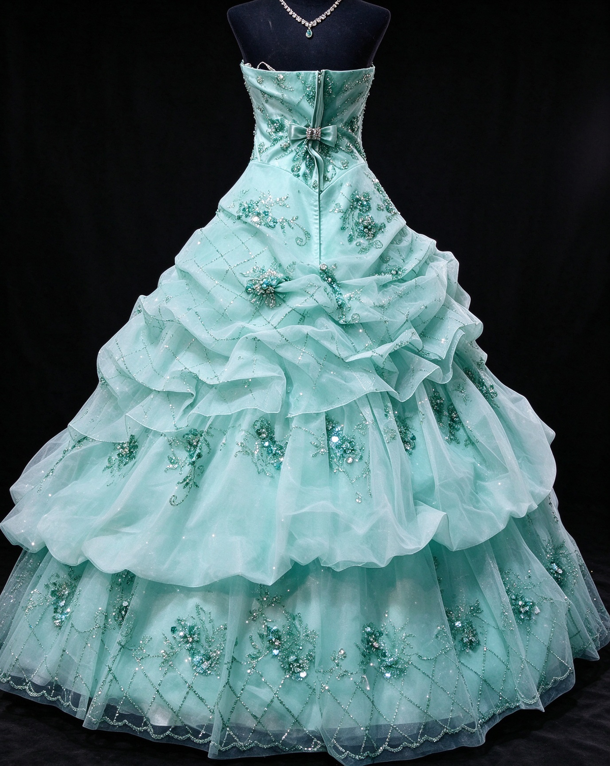 Strapless Beaded Bow Tiered Mint Green Ball Gown, Formal Evening Dress fg8918