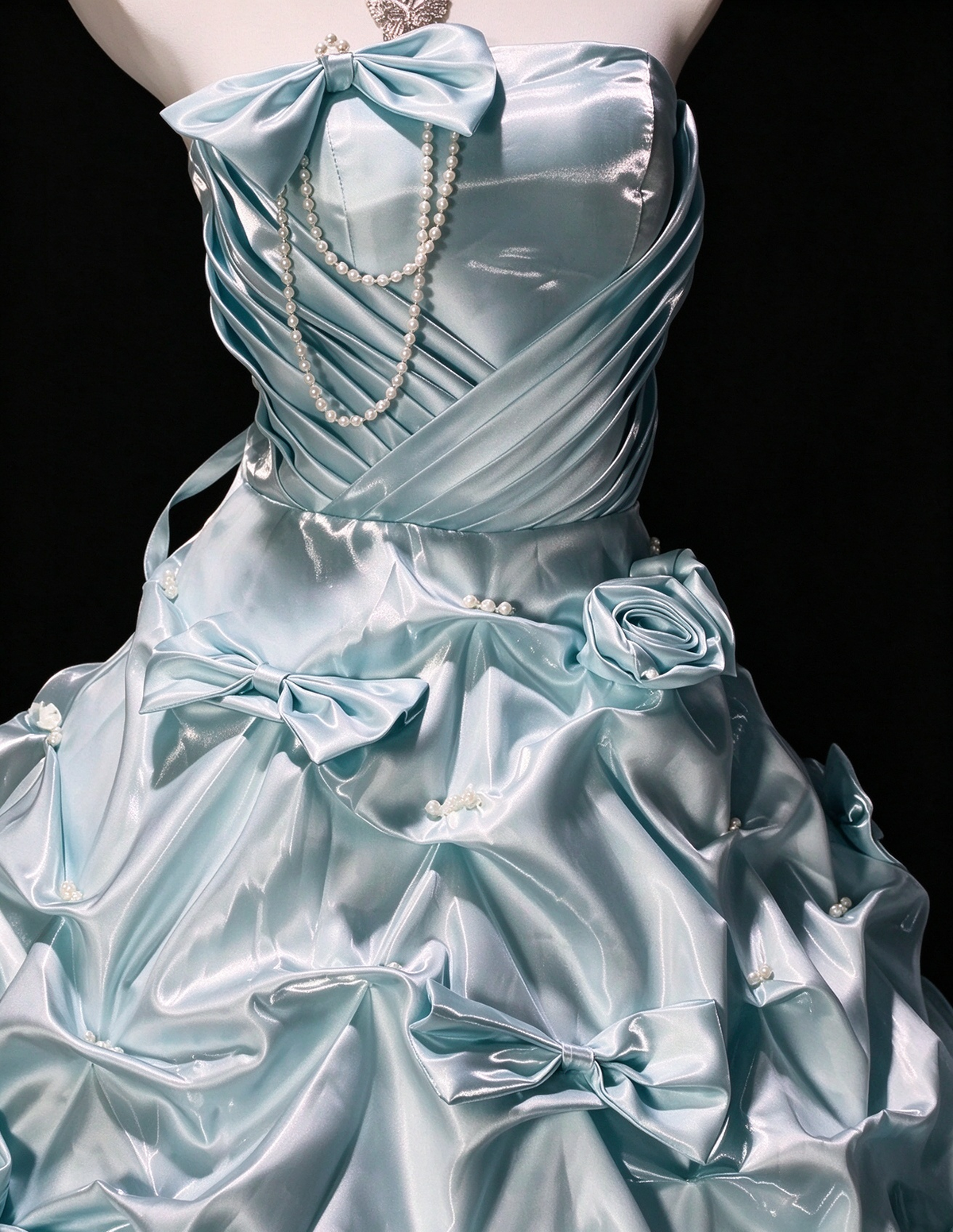 Strapless Bow Beaded Light Blue Satin Ball Gown, Formal Evening Dress fg8920