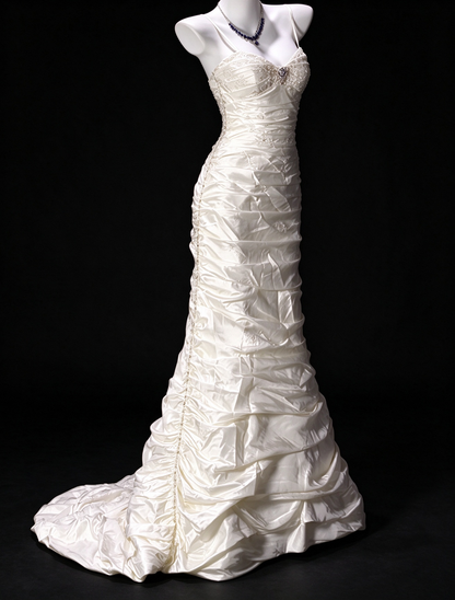 Spaghetti Strap Beaded White Satin Mermaid Evening Dress, Formal Gown fg8921
