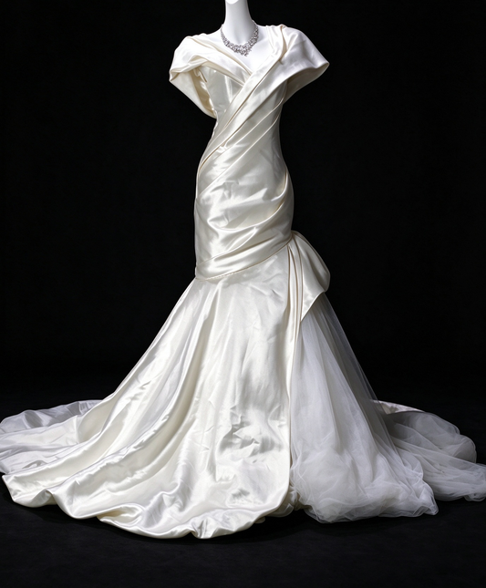 Off-Shoulder Draped White Satin Mermaid Evening Dress, Formal Gown fg8922