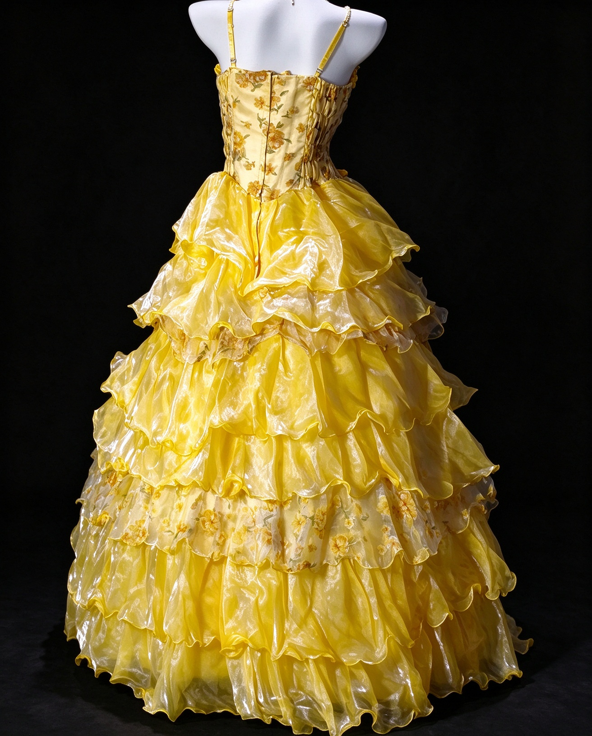 Spaghetti Strap Ruffled Yellow Organza Ball Gown, Formal Evening Dress fg8925