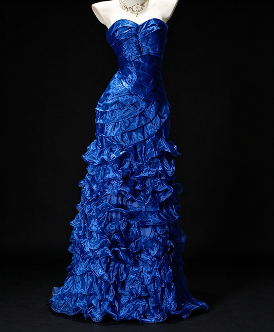 Blue Strapless Mermaid Organza Prom Dress with Pleats and Ruffles fg8927