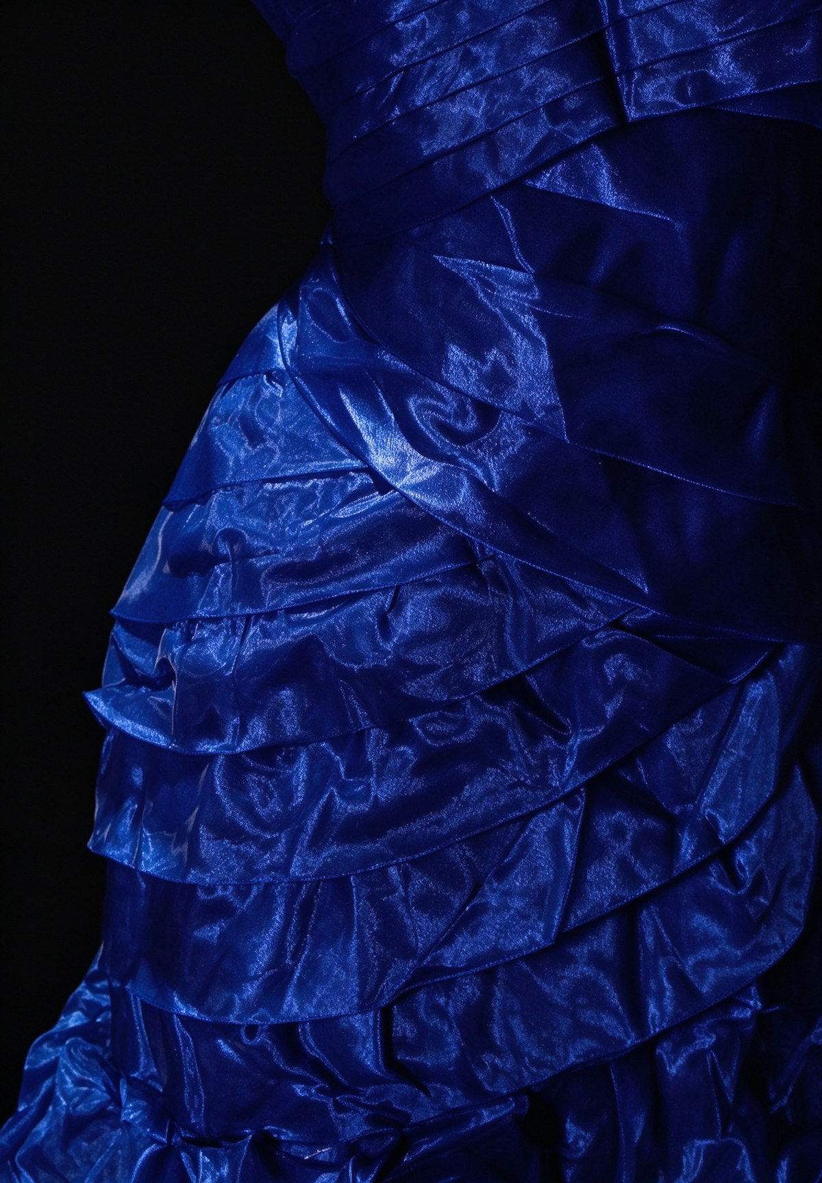 Blue Strapless Mermaid Organza Prom Dress with Pleats and Ruffles fg8927