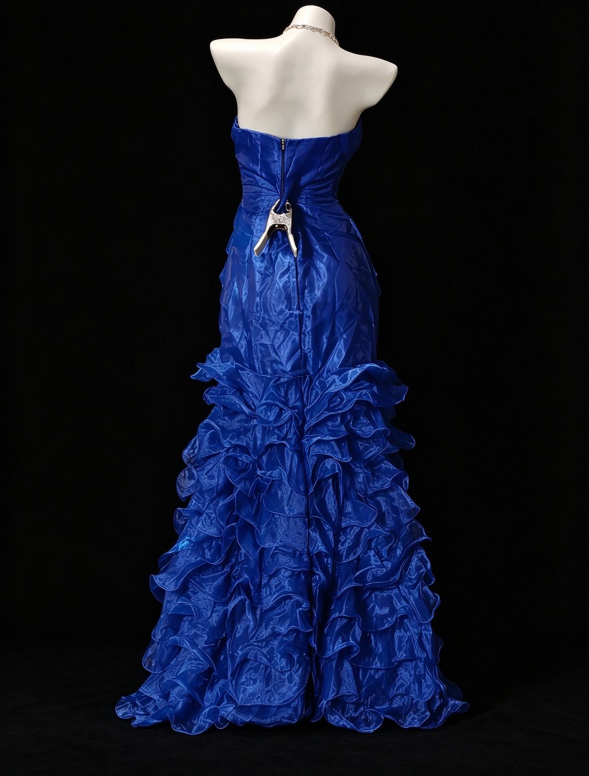 Blue Strapless Mermaid Organza Prom Dress with Pleats and Ruffles fg8927