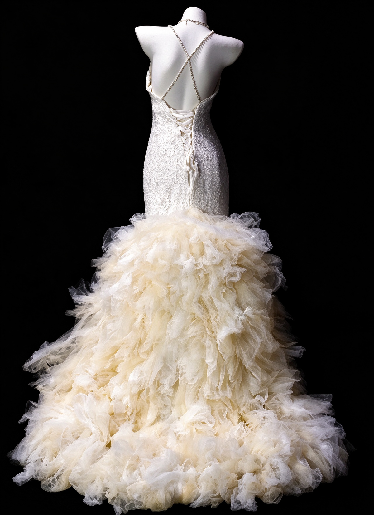 Spaghetti Strap Lace White Mermaid Evening Dress with Tulle Train, Formal Gown fg8929