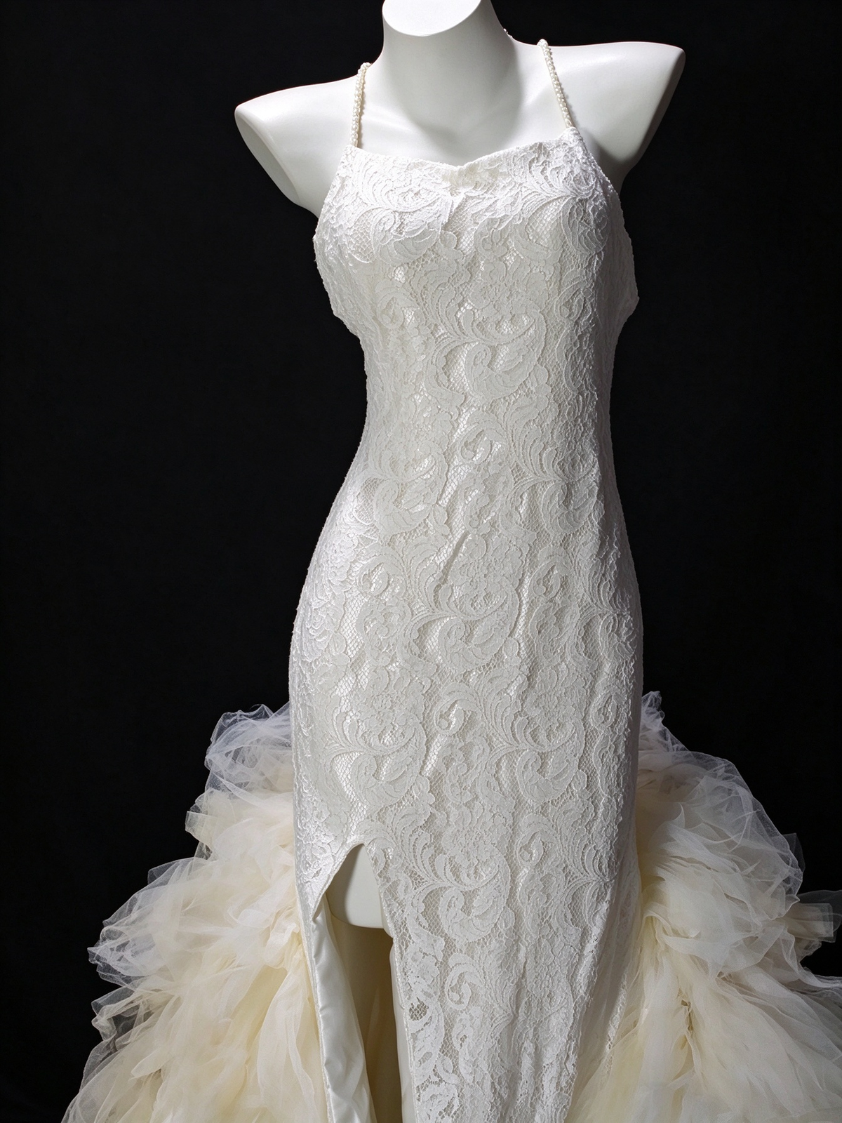 Spaghetti Strap Lace White Mermaid Evening Dress with Tulle Train, Formal Gown fg8929