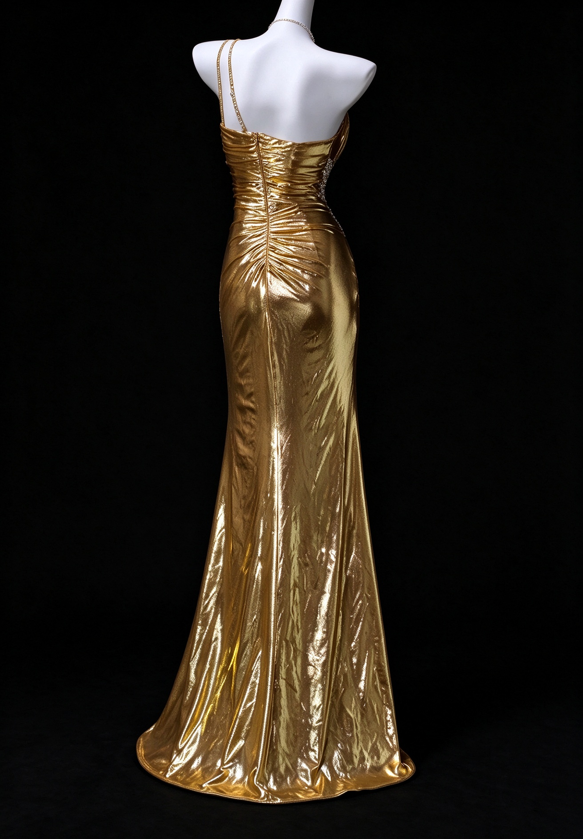 One-Shoulder Beaded Gold Metallic Evening Dress, Formal Prom Gown fg8931