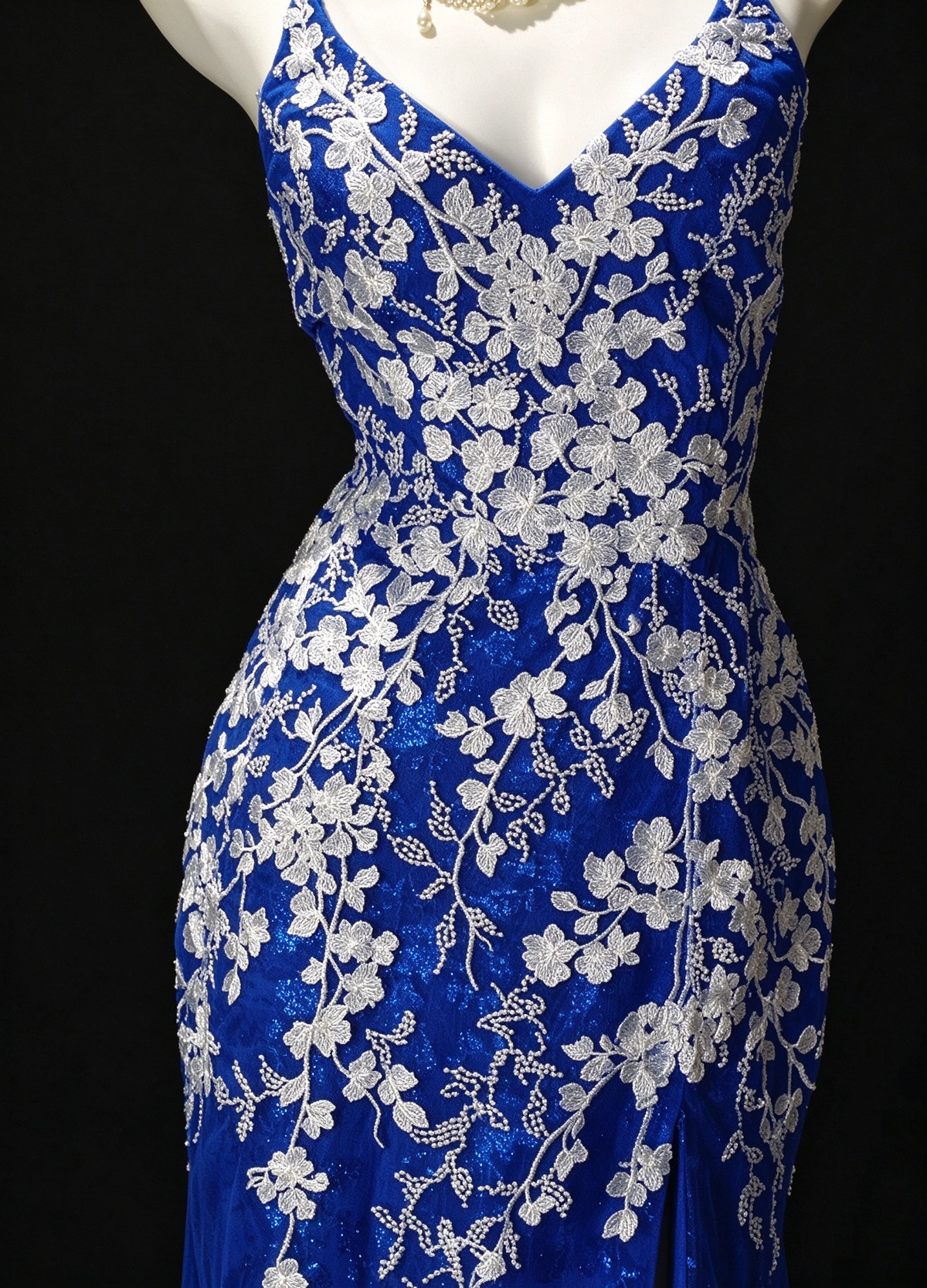 V-Neck Beaded Blue Tulle Mermaid Evening Dress, Formal Prom Gown fg8932