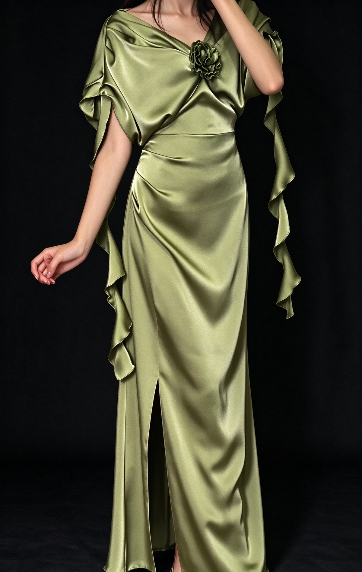 Olive Green Satin Draped Cowl Neck 3D Flower Split Evening Dress fg8969
