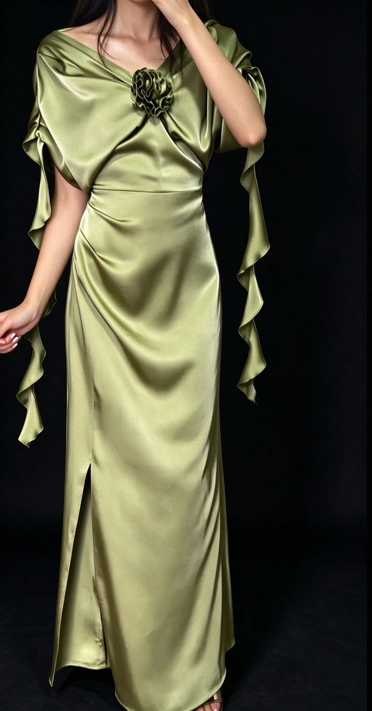 Olive Green Satin Draped Cowl Neck 3D Flower Split Evening Dress fg8969