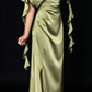 Olive Green Satin Draped Cowl Neck 3D Flower Split Evening Dress fg8969