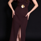 Dark Brown Ruffle Shoulder Gold Flower Detail Split Evening Dress fg8970