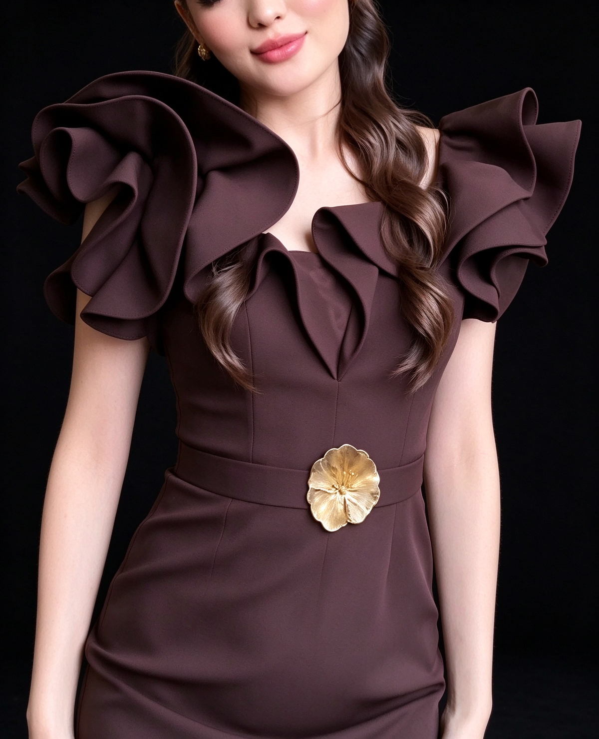 Dark Brown Ruffle Shoulder Gold Flower Detail Split Evening Dress fg8970