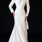 Ivory Satin Puff Long Sleeve Lace V Neck Mermaid Wedding Dress fg8972