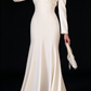 Ivory Satin Puff Long Sleeve Lace V Neck Mermaid Wedding Dress fg8972