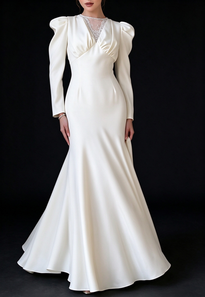 Ivory Satin Puff Long Sleeve Lace V Neck Mermaid Wedding Dress fg8972
