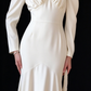 Ivory Satin Puff Long Sleeve Lace V Neck Mermaid Wedding Dress fg8972