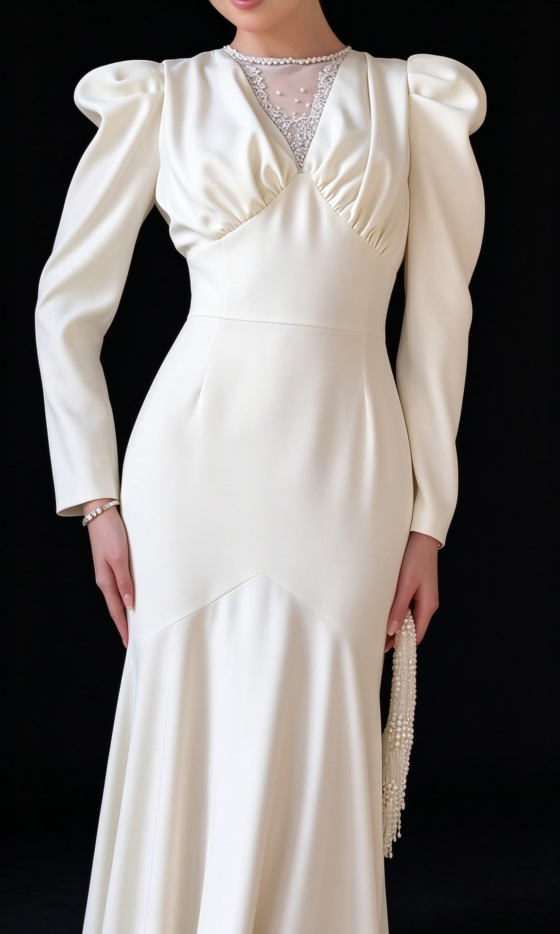 Ivory Satin Puff Long Sleeve Lace V Neck Mermaid Wedding Dress fg8972