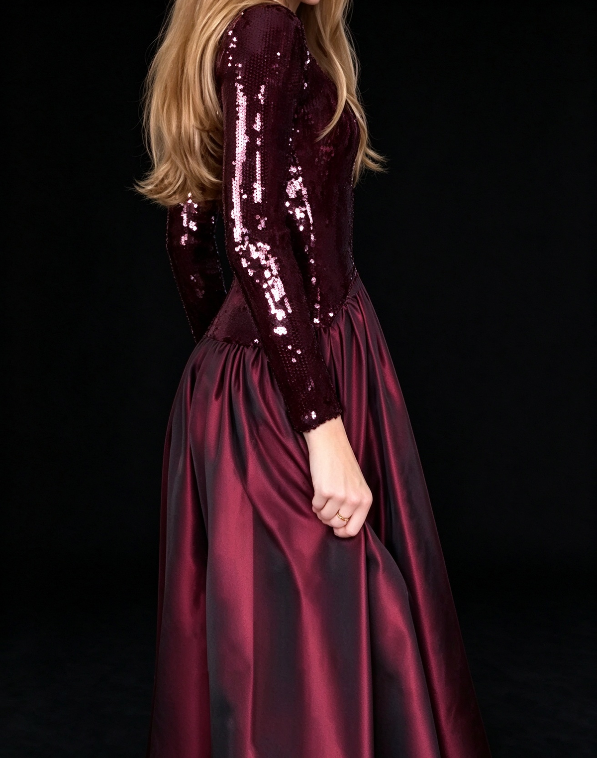 Burgundy Sequin Long Sleeve High Neck Satin A Line Evening Dress fg8973